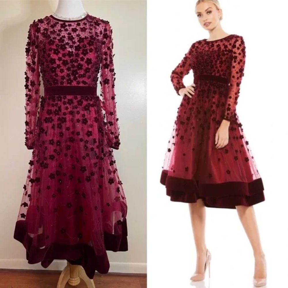 Mac Duggal Burgundy Floral Long Sleeve Dress Size 2
